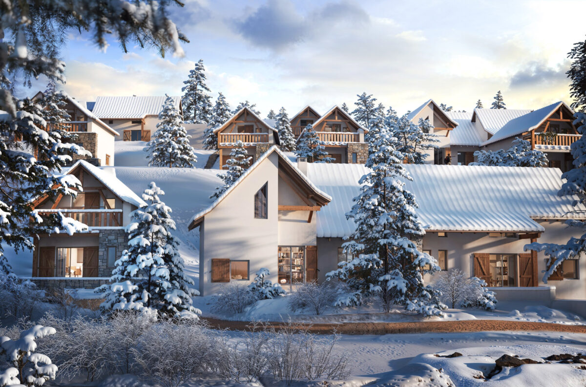 Vue extérieure des chalets en hiver